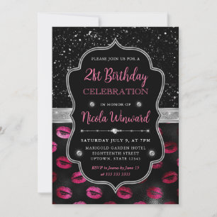 Pink and Black Glitter Lips 21st Birthday Invitation