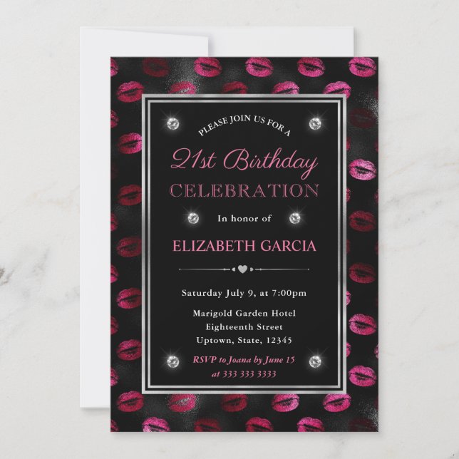 Pink and Black Glitter Lips Pattern 21st Birthday Invitation (Front)