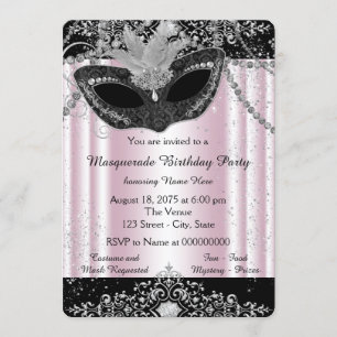 Pink and Black Glitter Masquerade Party Invitation