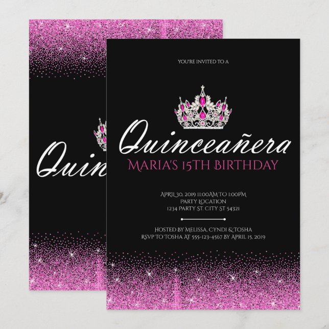Pink and Black Glitter Quinceanera Invitations (Front/Back)