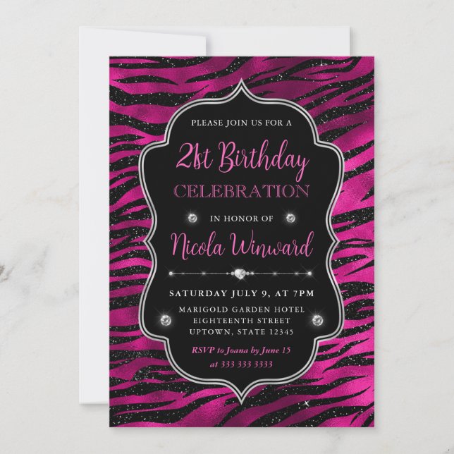 Pink and Black Glitter Tiger Stripes 21st Birthday Invitation (Front)