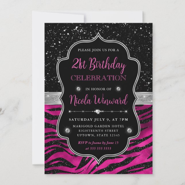 Pink and Black Glitter Tiger Stripes 21st Birthday Invitation (Front)
