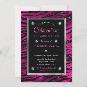 Pink and Black Glitter Tiger Stripes Quinceanera Invitation