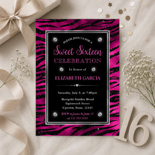 Pink and Black Glitter Tiger Stripes Sweet Sixteen Invitation