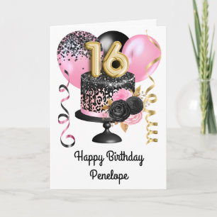 Pink and Black Gold 16th Birthday Card