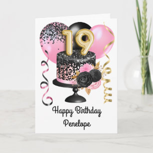 Pink and Black Gold 19th Birthday Card