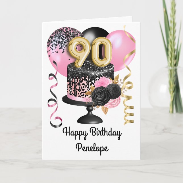 Pink and Black Gold 90th Birthday Card (Front)