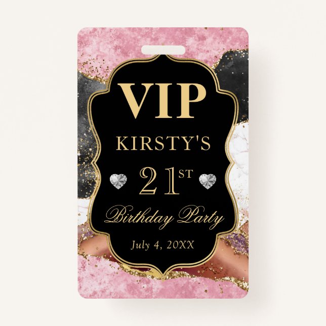 Pink and Black Gold Glitter Agate Birthday VIP ID Badge (Front)
