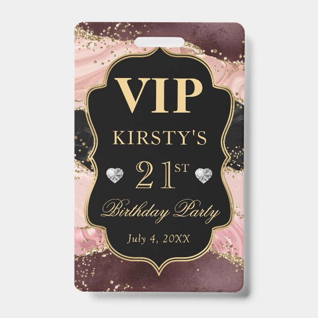 Pink and Black Gold Glitter Agate Birthday VIP ID Badge (Front)