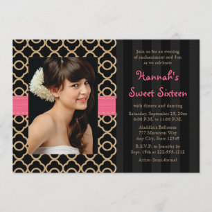 Pink and Black Gold Moroccan Sweet Sixteen Photo Invitation