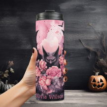 Pink and Black Goth Floral Bat Personalized 