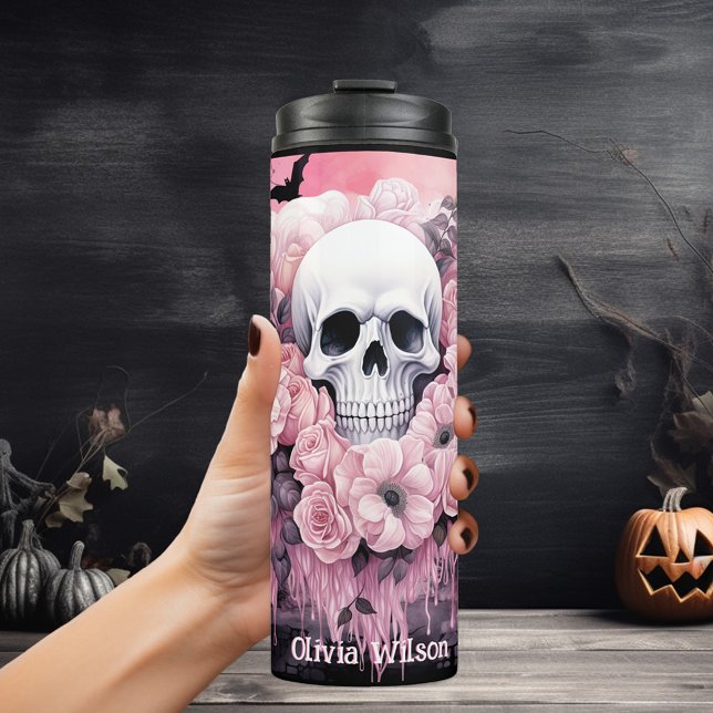 Pink and Black Goth Floral Skull Personalized Thermal Tumbler (Creator Uploaded)