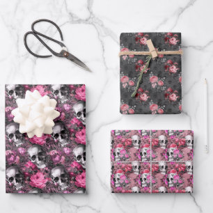 Pink and Black Goth Floral Skulls Wrapping Paper Sheet