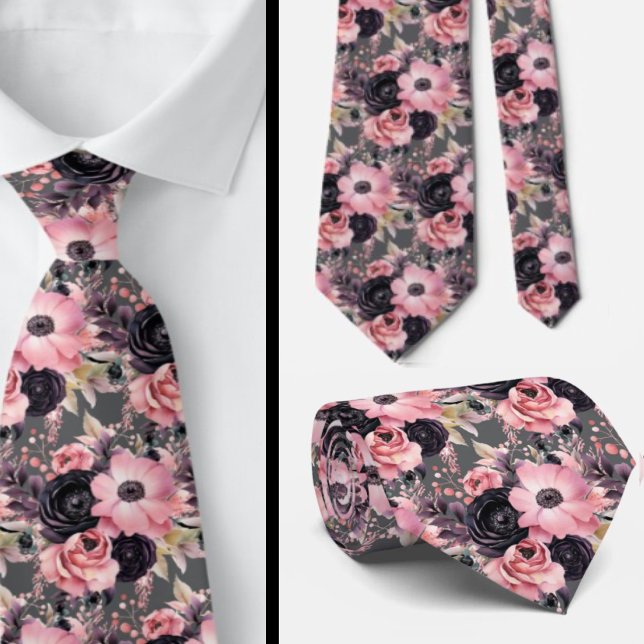 Pink and Black Goth Flowers Floral Tie (Creator Uploaded)