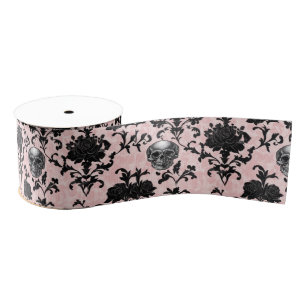 Pink and Black Goth Skulls and Roses Grosgrain Ribbon