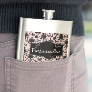 Pink and Black Goth Skulls and Roses Personalised Hip Flask