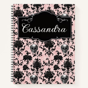 Pink and Black Goth Skulls and Roses Personalised Notebook
