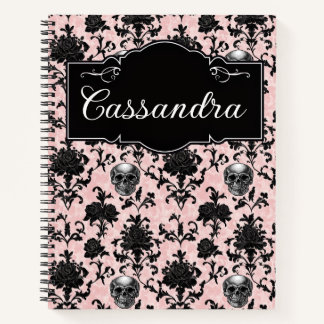 Pink and Black Goth Skulls and Roses Personalised Notebook