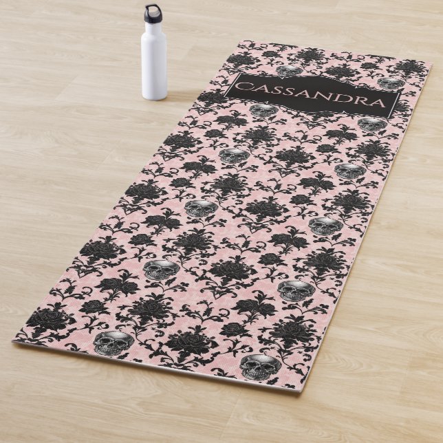 Pink and Black Goth Skulls and Roses Personalized  Yoga Mat (In Situ)