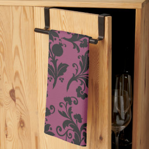 Pink and Black Gothic Flowers Pattern Halloween Tea Towel