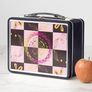 Pink and Black Graphic Art, Mystic Chequerboard Metal Lunch Box
