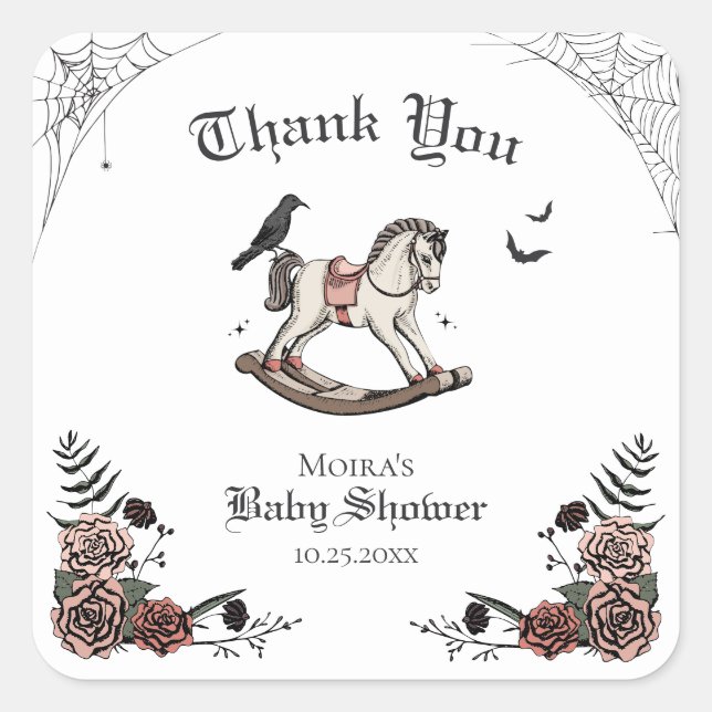 Pink and Black Halloween Baby Shower Thank You Square Sticker (Front)
