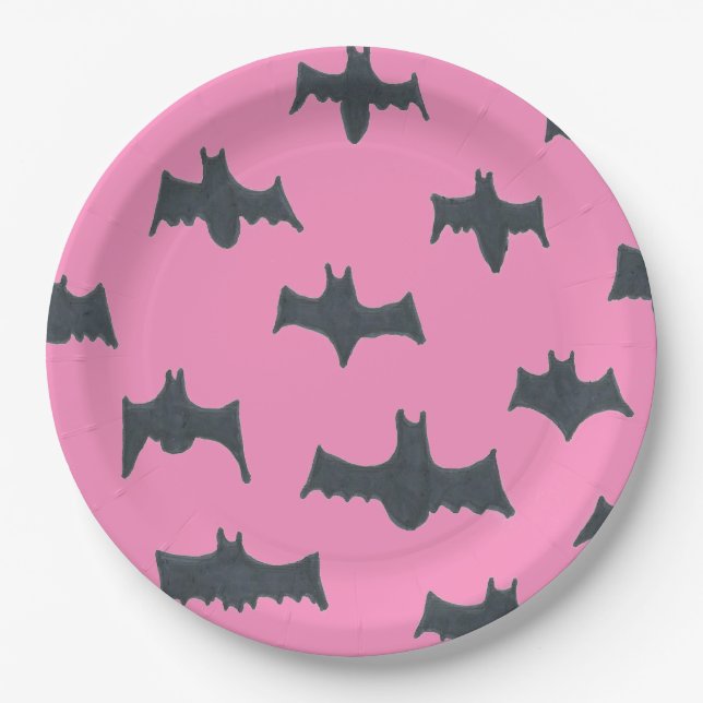 Pink and Black Halloween Bats Paper Plate (Front)