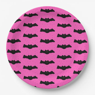 Pink and Black Halloween Bats Paper Plate
