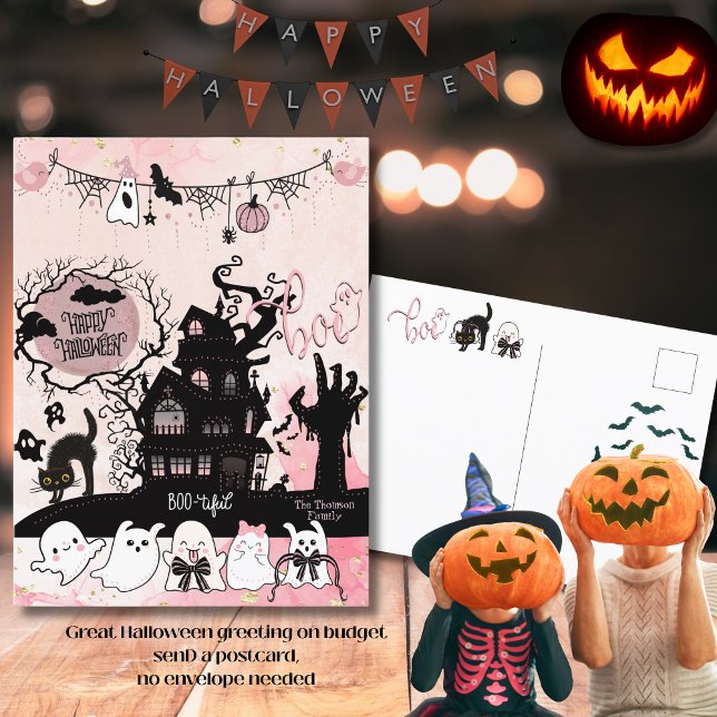 Pink and Black Halloween "Boo" Greeting Postcard (Pink and Black Halloween Boo Greeting Postcard)