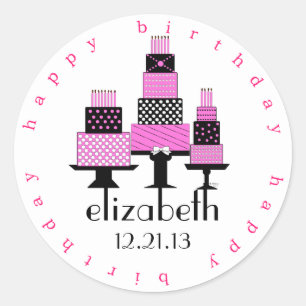 Pink and Black Happy Birthday Cakes Classic Round Sticker