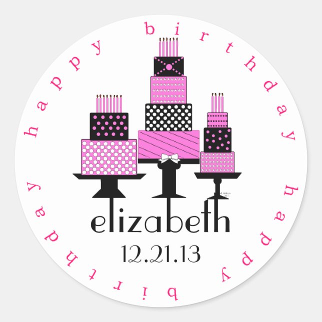 Pink and Black Happy Birthday Cakes Classic Round Sticker (Front)