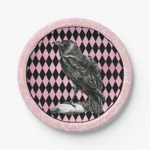 Pink and Black Harlequin and Raven Paper Plate