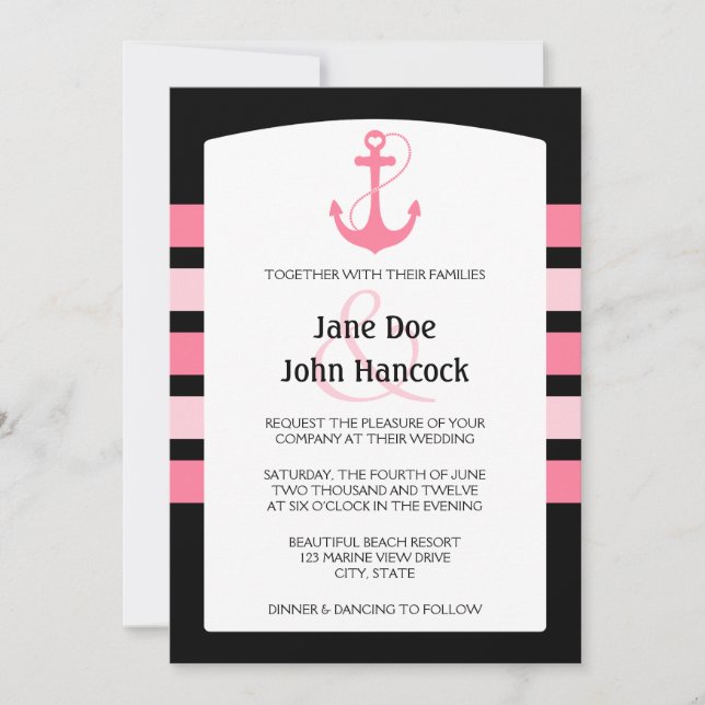 Pink and Black Heart Anchor Wedding Invitations (Front)