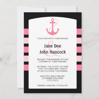 Pink and Black Heart Anchor Wedding Invitations