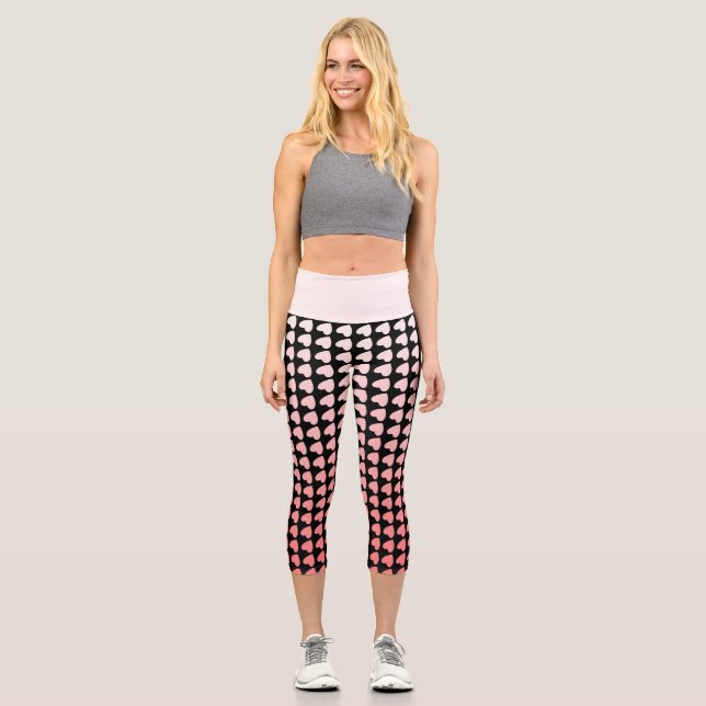 Pink and Black Heart Pattern Gradient Girly Capri Leggings (Front)