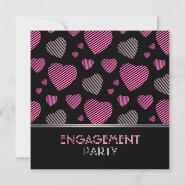 Pink and Black Hearts Engagement party invitation (Front)