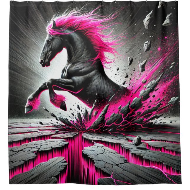 Pink and Black Horse Art Shower Curtain (Front)