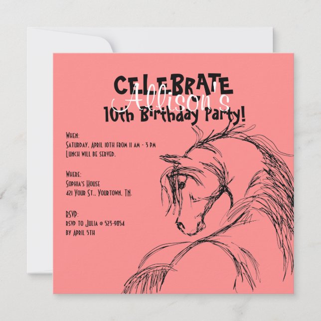 Pink and Black Horse Head Sketch Birthday Invite (Front)