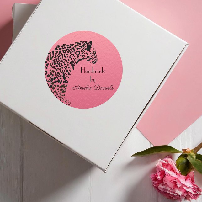 Pink and Black Jaguar Handmade by Classic Round Sticker (Creator Uploaded)