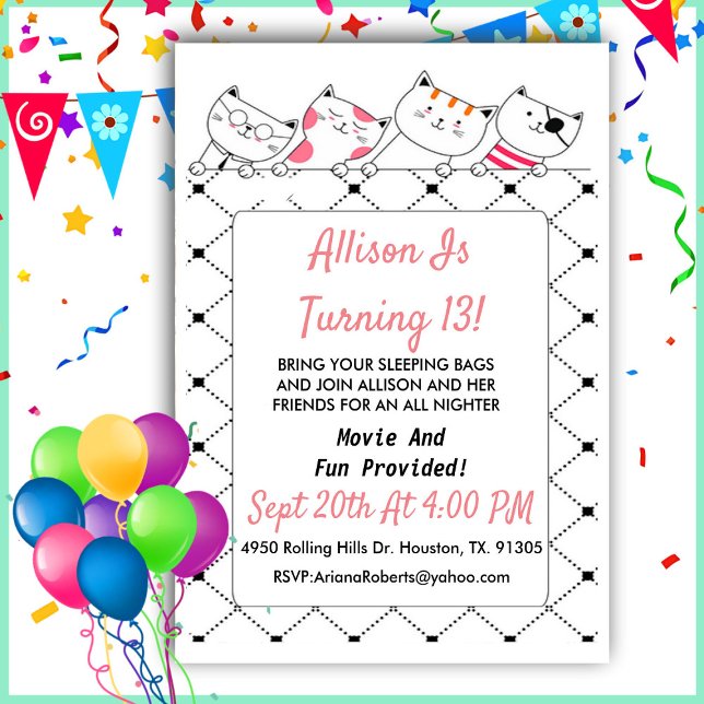 Pink And Black Kitty Cat Teeb Girl Birthday Invitation (Creator Uploaded)