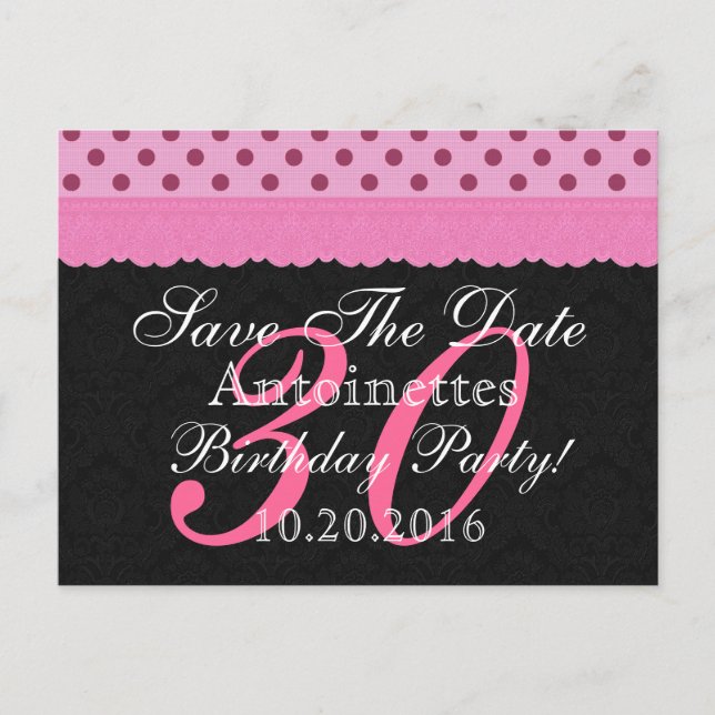 Pink and Black Lace Save the Date Birthday V102 Announcement Postcard (Front)