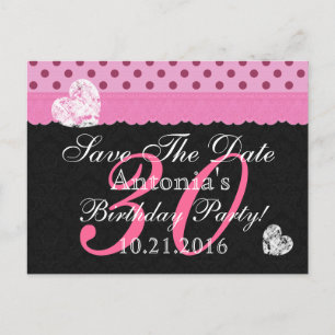 Pink and Black Lace Save the Date Birthday V102A Announcement Postcard