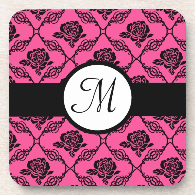 Pink and Black Lacy Floral Monogram Coaster (Front)