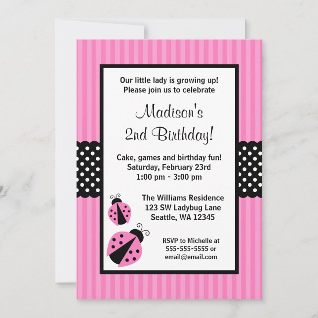 Pink and Black Ladybug Striped Dots Birthday Party Invitation (Front)