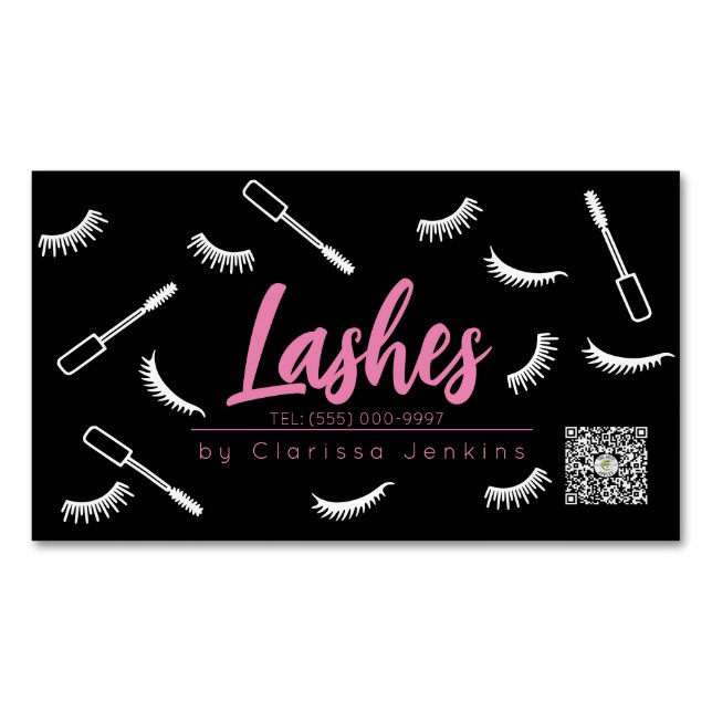 Pink and Black Lashes Eyelash Extensions makeup Magnetic Business Card (Front)