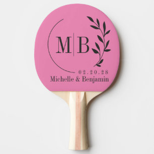 Pink and Black Leaf Wedding Monogram Ping Pong Paddle
