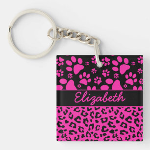 Pink and Black Leopard Print and Paws Personalised Key Ring