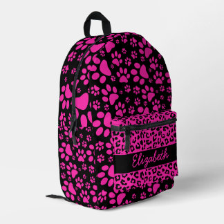 Pink and Black Leopard Print and Paws Personalised Printed Backpack