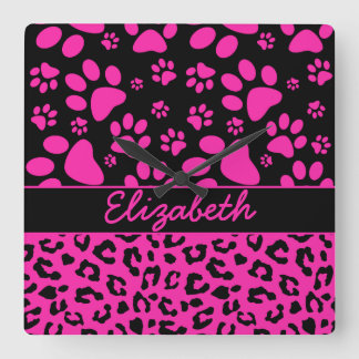 Pink and Black Leopard Print and Paws Personalised Square Wall Clock