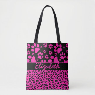 Pink and Black Leopard Print and Paws Personalised Tote Bag